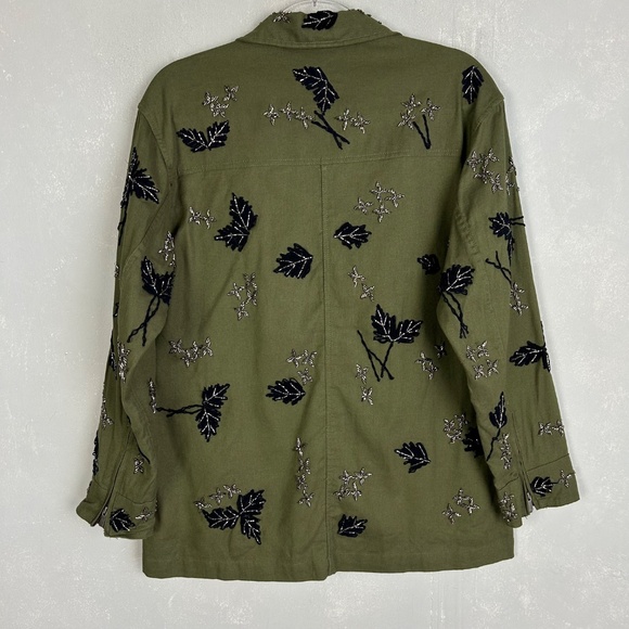 The Kooples women size M leaf embroidered jacket green 100% cotton beaded - Picture 6 of 15